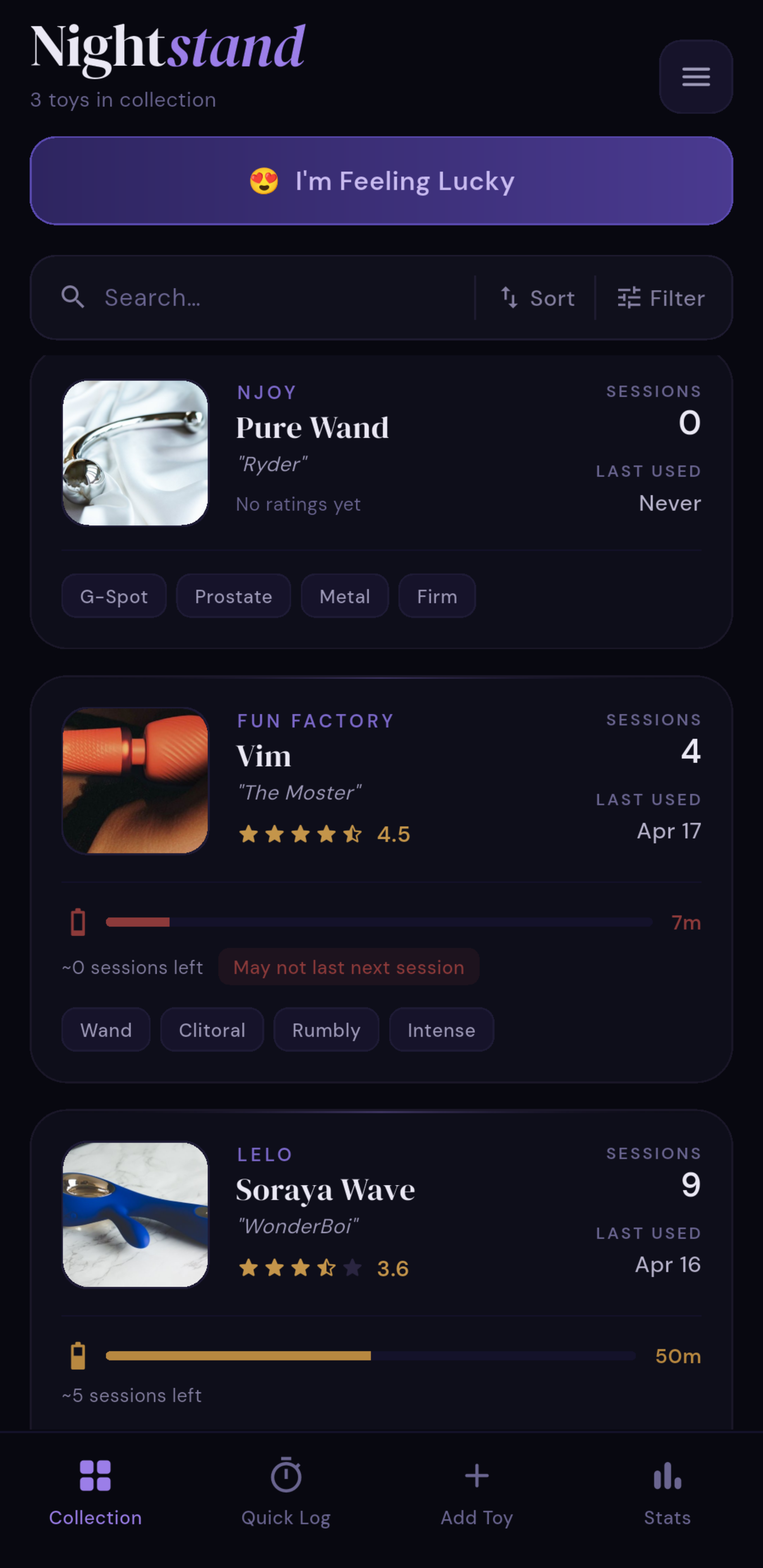 Premium Collection with stars, sessions count, last-used date and tag pills on every card