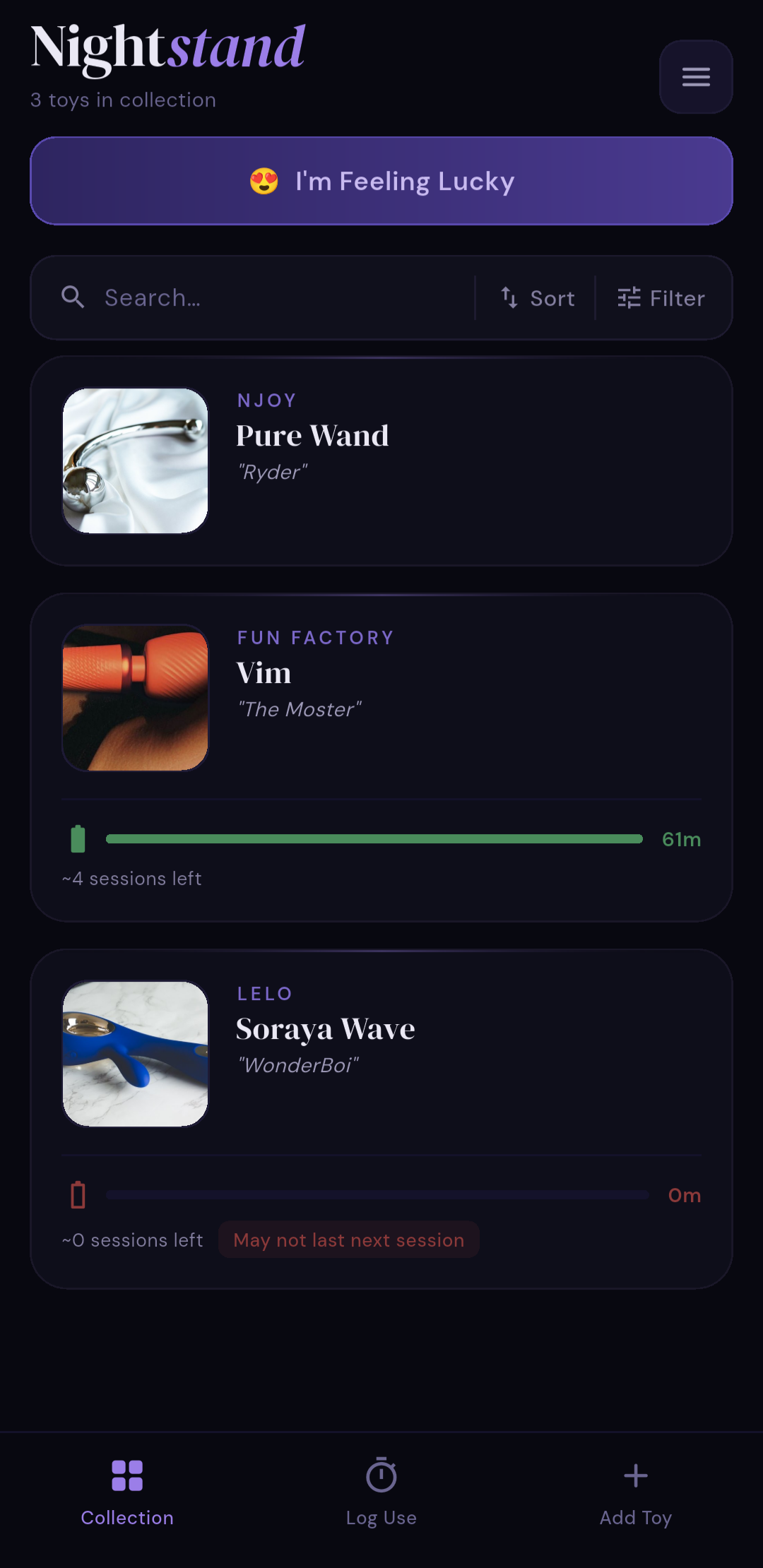 Free-mode Collection screen with three tracked toys, each showing brand, name, nickname, battery and sessions remaining